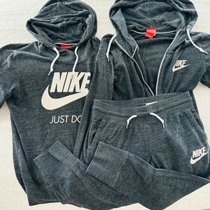 Nike Hoodie, zip up and bottoms. Tops are size M, bottoms are S.